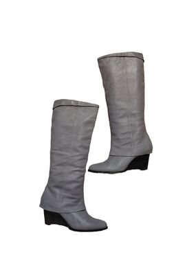 B. Makowski Gray Leather Knee High Boots Women's Size 10 Wedge Gaucho Boots